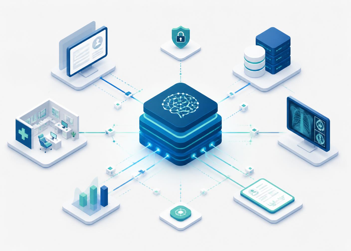 Isometric diagram of an integrated AI infrastructure layer connecting a clinic front desk, scheduling, records and analytics
